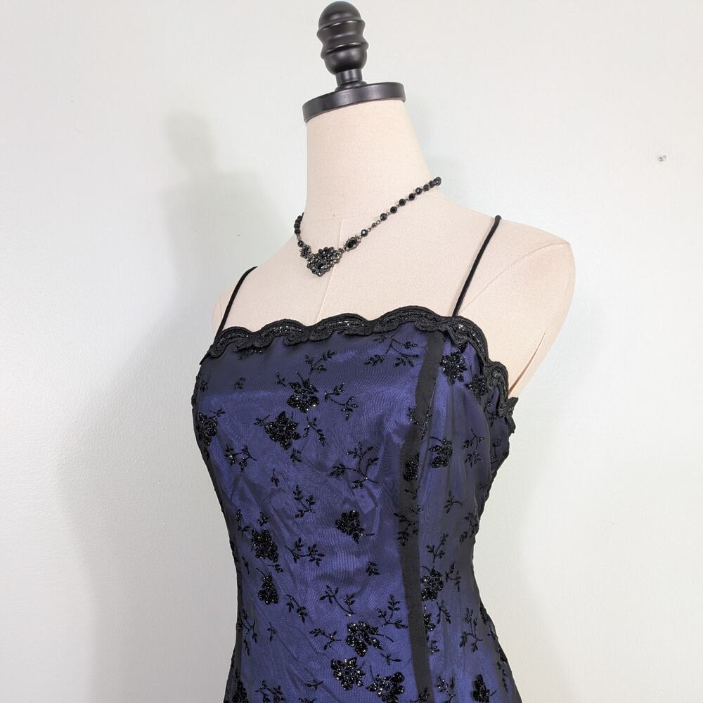 Vintage Betsy Adam Prom Dress Maxi Gown M Blue Black 90s Goth Velvet Floral - Picture 4 of 14